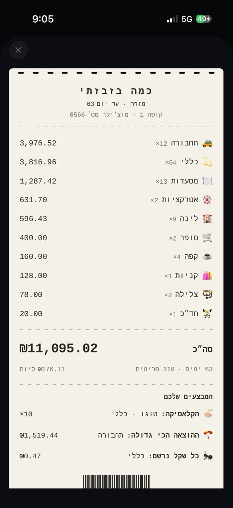 קבלת הטיול: כל הקטגוריות והסכומים כמו קבלה מקופה, כפי שנראה באפליקציה